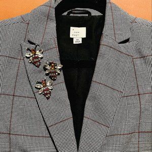Bling Bug Blazer! Tan Plaid Blazer + Rhinestone Insect Embroidered Lapel